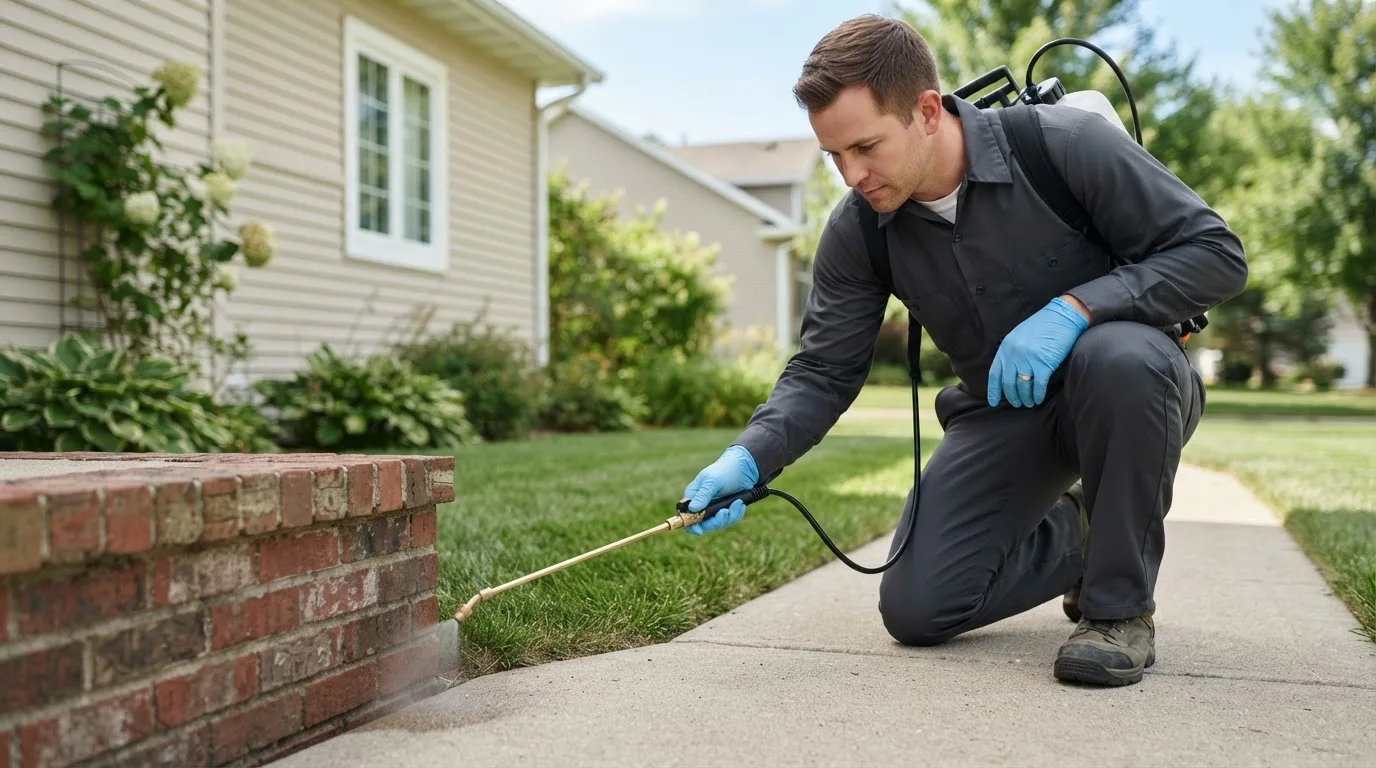 Pest control technician treating a home near Sheldon, VT